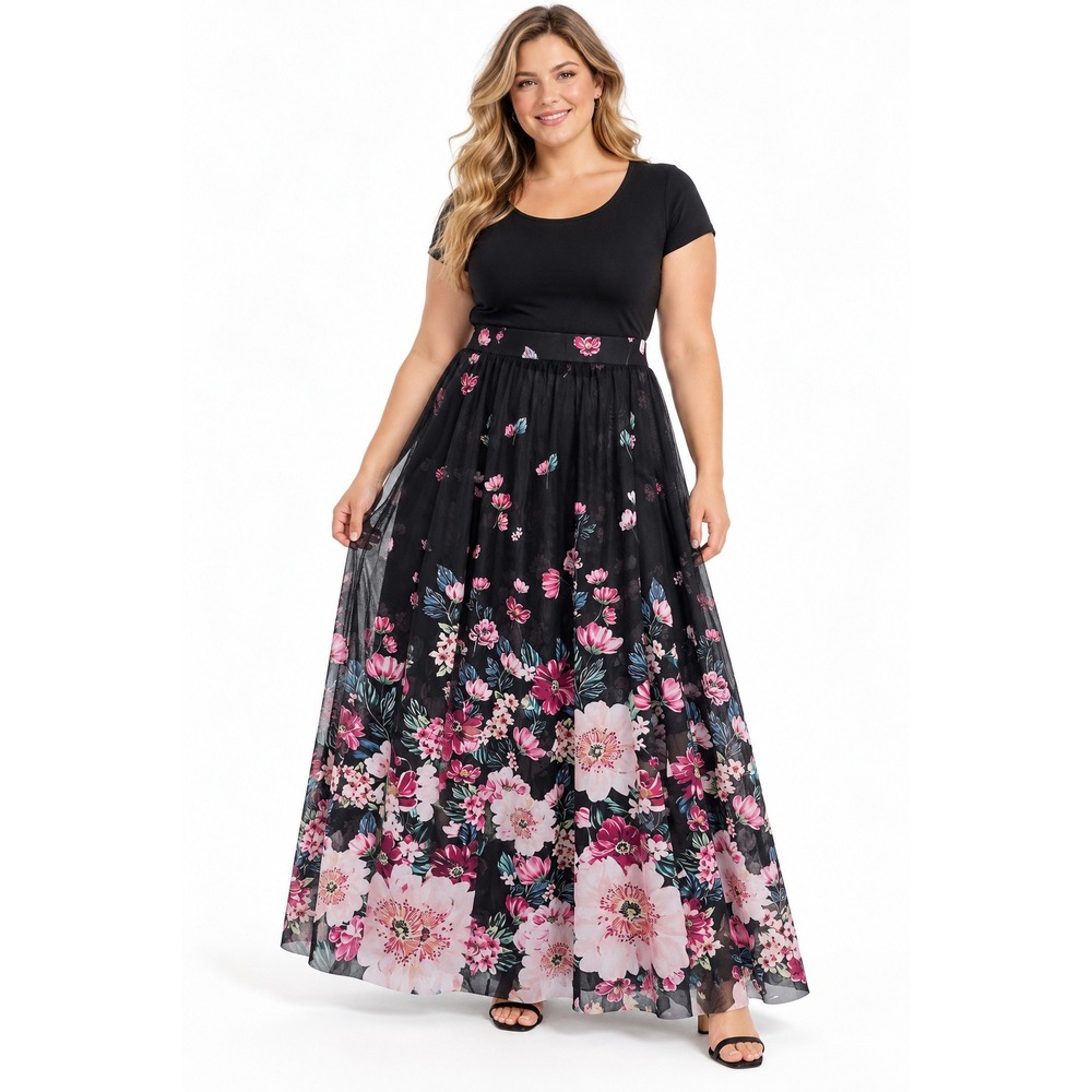 Floral Mesh Maxi Skirt 14-16 Black Pink Sheer Overlay Romantic Dark Floral